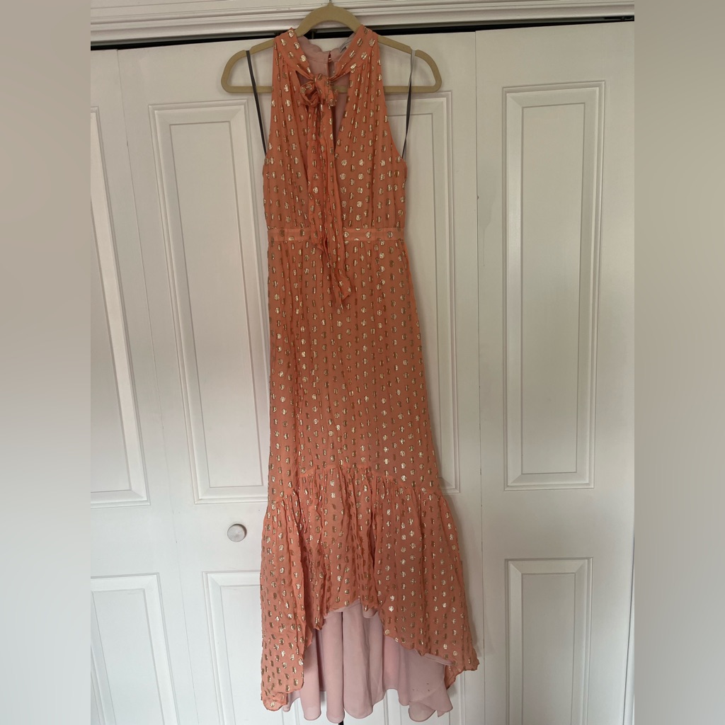 Ml Monique Lhuillier Peach And Gold Halter Dress, Sz 2